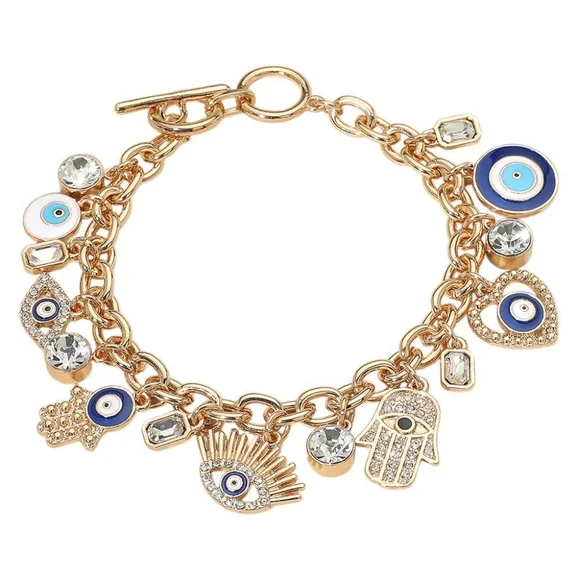 Gold Evil Eye & Hamsa Hand Charm Bracelet with Crystal Accents - Picture 2 of 2